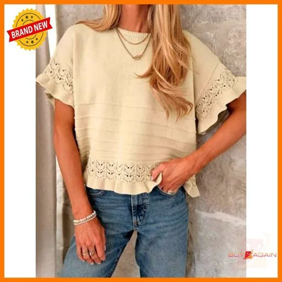 Short Sleeve Sweater Round Neck Ruffled Hem Knit Pullover Summer Casual Top - Picture 3 of 7